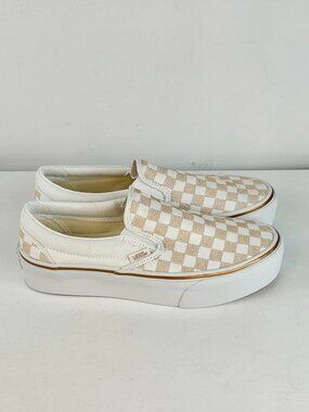 M7 W8.5 - VANS Classic Slip-On Platform Metallic Checkboard Gold Sneaker